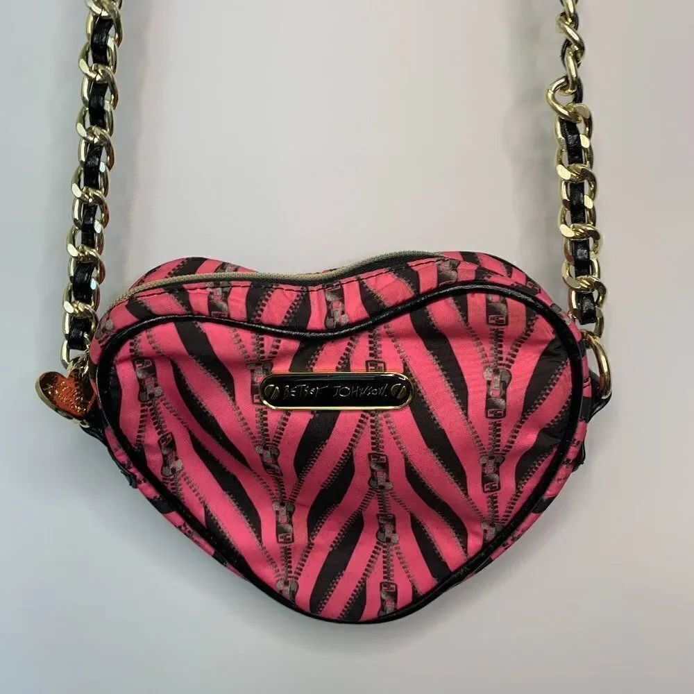 Betsey Johnson Hot Pink Zipper Print Heart Shaped Purse